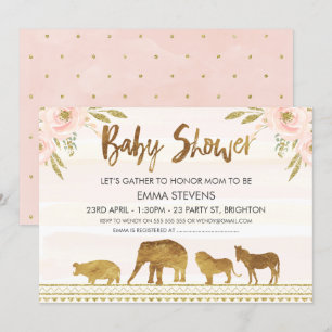 Girls Gold Safari Animaux Baby shower Invitation