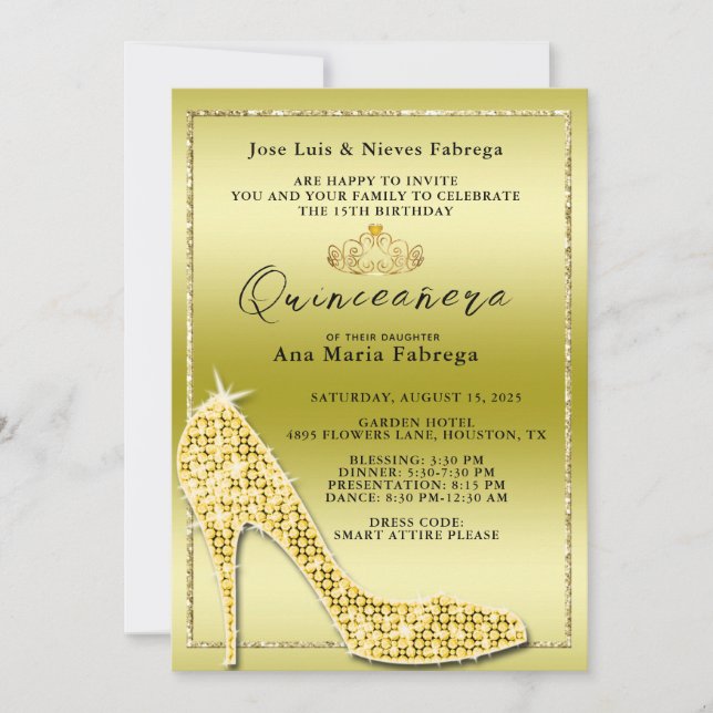 Girl's Gold Stiletto Quinceañera Geburtstagsparty Einladung (Vorderseite)