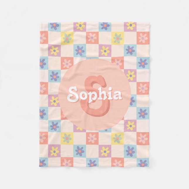 Girls Groovy Pink Retro 70er Kids Monogram Fleecedecke (Vorderseite)