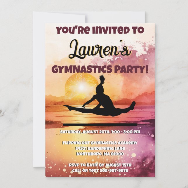 Girls Gymnastics Sunset Beach Geburtstag Einladung (Vorderseite)