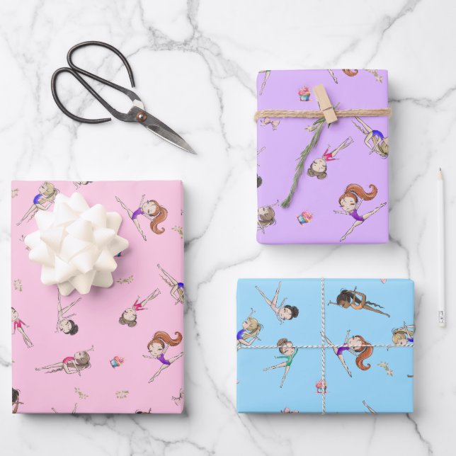 Girls Gymnastik Cupcakes Muster Pink Lila Blau Geschenkpapier Set (Vorderseite)