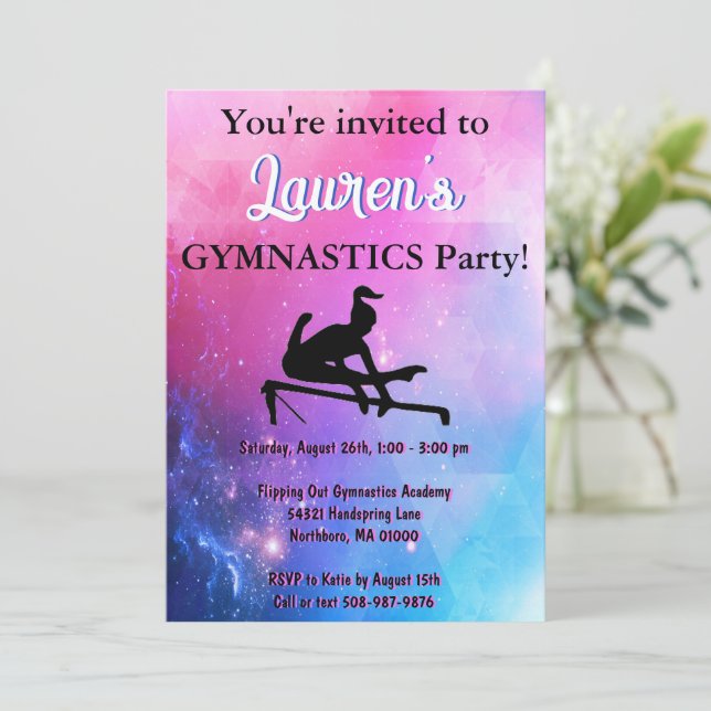 Girls Gymnastik Geburtstagsparty Einladung (Stehend Vorderseite)