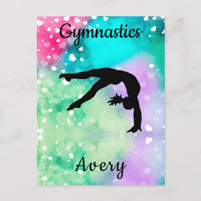 Girls Gymnastik Wasserfarbe mit schwebenden Herzen Postkarte (Vorderseite)