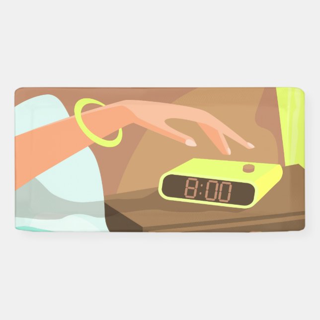 Girls hand pushing on alarm clock snooze button banner (Horizontal)