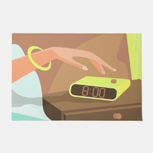 Girls hand pushing on alarm clock snooze button fußmatte