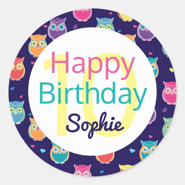 Girls Happy Birthday Blue Owl Muster Personalisier Runder Aufkleber (Vorderseite)