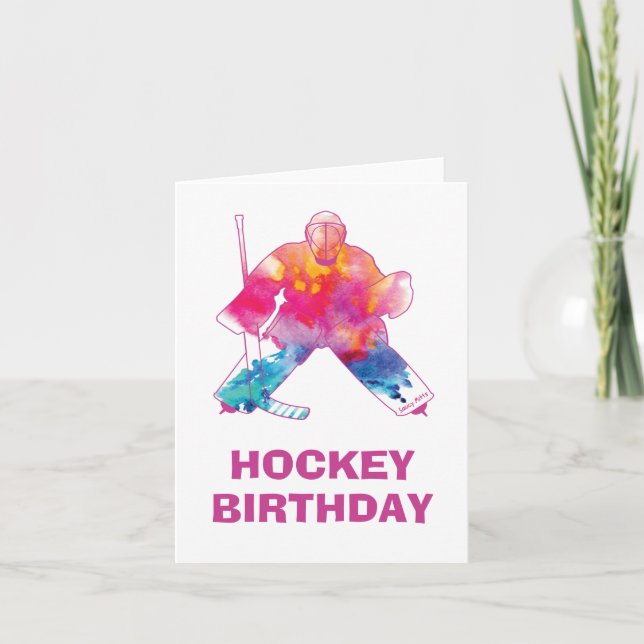 Girls Happy Birthday Hockey Goalie Pink Wasserfarb Karte (Vorderseite)