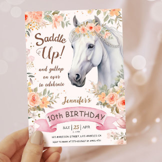 Girls Horse 10. Geburtstag Rosa Blumensattel Einladung