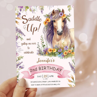 Girls Horse 2. Geburtstag Lila Blumensattel Up Einladung