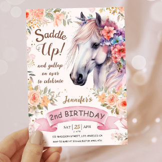 Girls Horse 2. Geburtstag Pink Blume satteln! Einladung