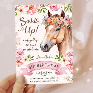 Girls Horse 6. Geburtstag Blumensattel Up! Einladung
