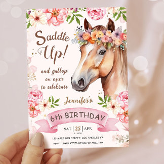 Girls Horse 6. Geburtstag Blumensattel Up! Einladung