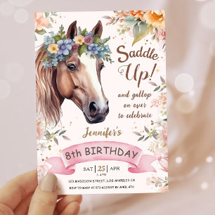 Girls Horse 8. Geburtstag Rosa Blumensattel Einladung