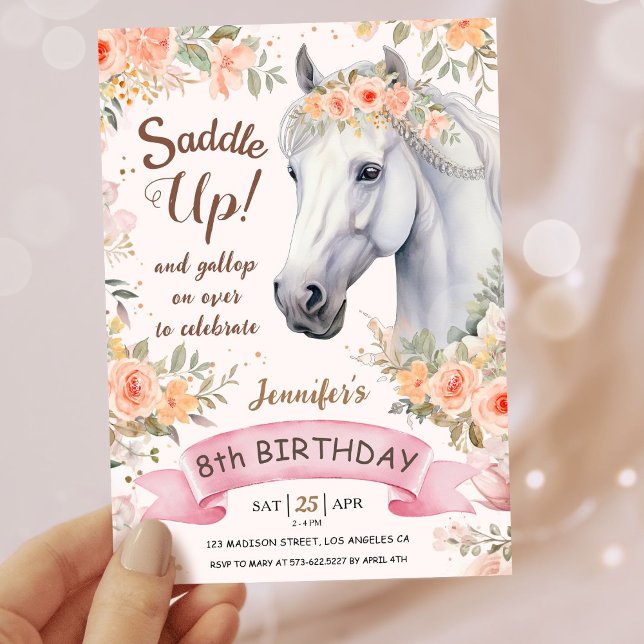 Girls Horse 8. Geburtstag Rosa Blumensattel Einladung (Von Creator hochgeladen)