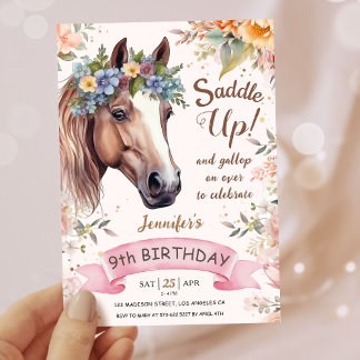 Girls Horse 9. Geburtstag Rosa Blumensattel Einladung