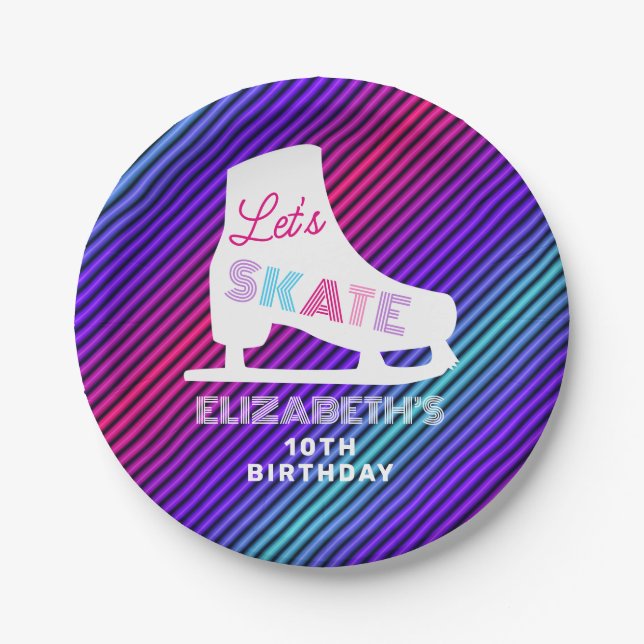 Girls Ice Skaten Birthday Neon Pappteller (Vorderseite)