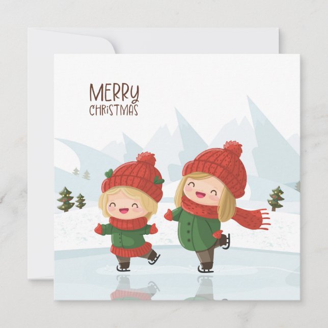 Girls ice skating at Christmas Feiertagskarte (Vorderseite)
