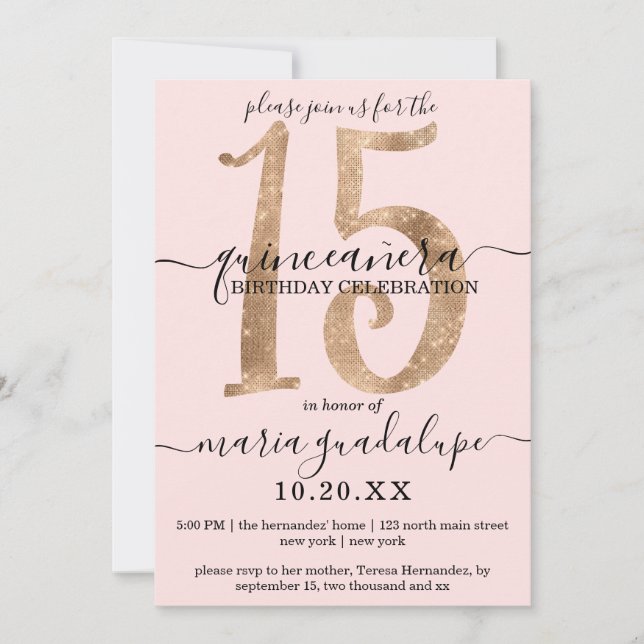 Girls Imitats Gold Glitzer Blush Pink Quinceañera Einladung (Vorderseite)
