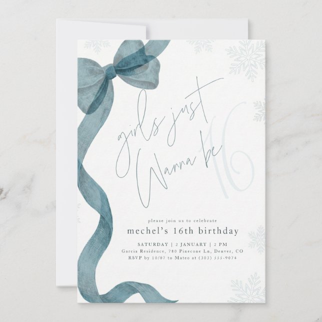 Girls Just Wanna Be 16 | Winter Bow Birthday Einladung (Vorderseite)