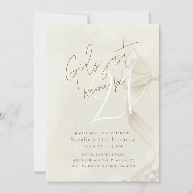 Girls Just Wanna Be 21 | Bow Coquette Birthday Einladung (Vorderseite)