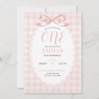 Girls Just Wanna Be One 1st Birthday Pink Gingham Einladung