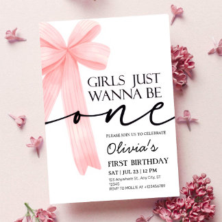 Girls Just Wanna Be One Pink Bow 1st Birthday Einladung