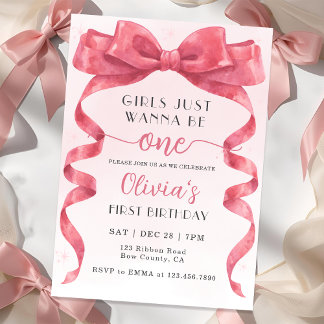 Girls Just Wanna Be One Pink Bow 1st Birthday Einladung