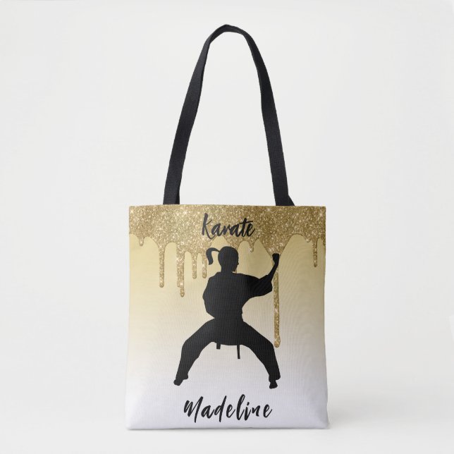 Girls Karate Stance Gold Glitzer Tropfen Ombre Tasche (Vorderseite)