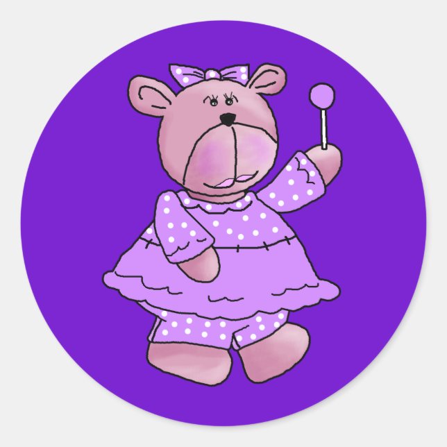 Girls Kid's Lila Lollipop-Bär Runder Aufkleber (Vorderseite)