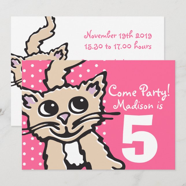 Girls kitten Katze Party Rosa Einladung (Vorne/Hinten)