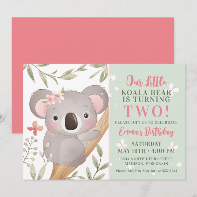 Girls Koala Geburtstagsparty Einladung (Vorne/Hinten)