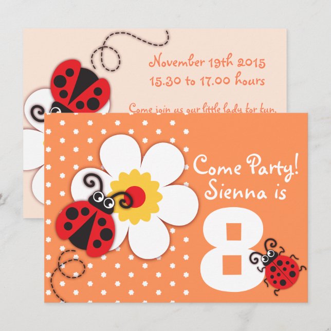 Girls ladybug Party lila Einladung (Vorne/Hinten)