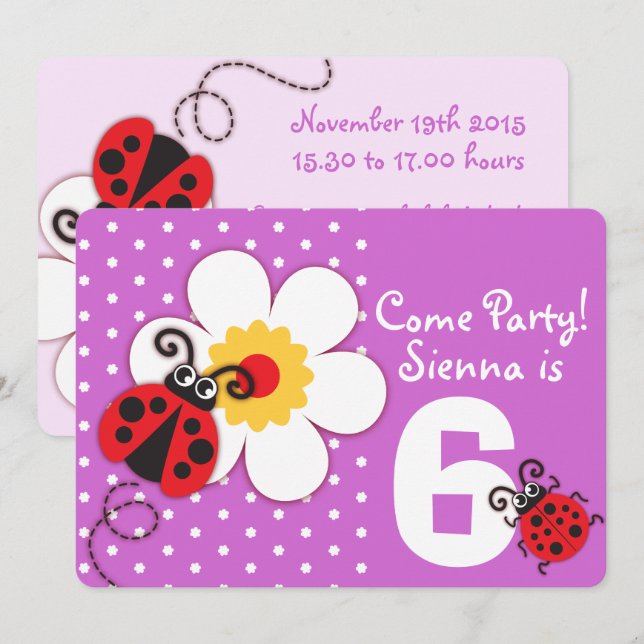 Girls ladybug Party lila Einladung (Vorne/Hinten)