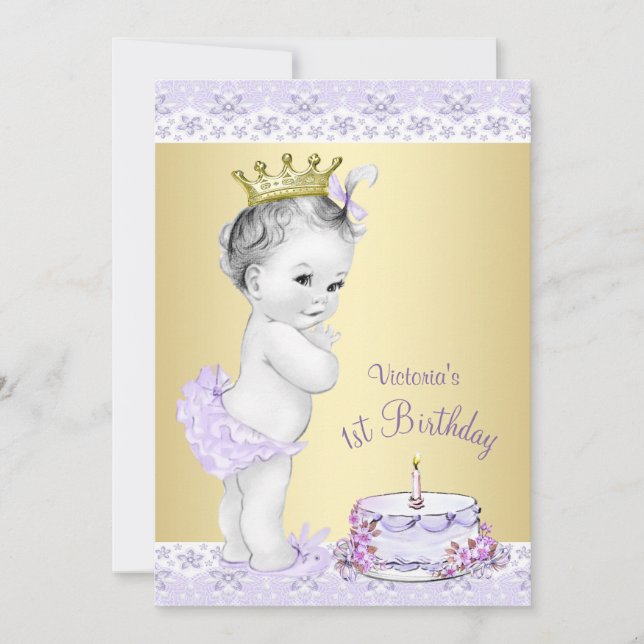 Girls Lavender Gold First Birthday Invitations (Devant)