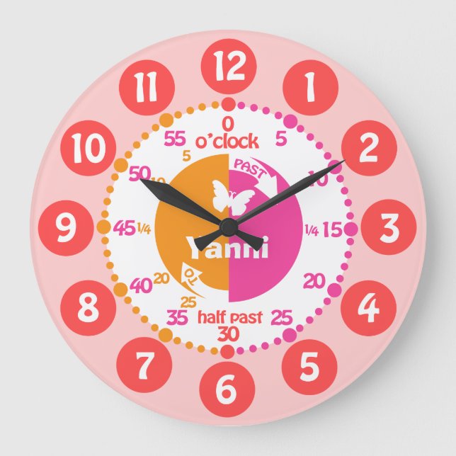 Girls learn time pink red orange name clock große wanduhr (Vorderseite)
