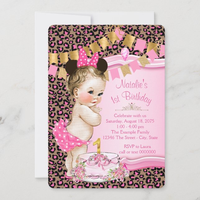 Girls Leopard 1. Geburtstag Einladung (Vorderseite)