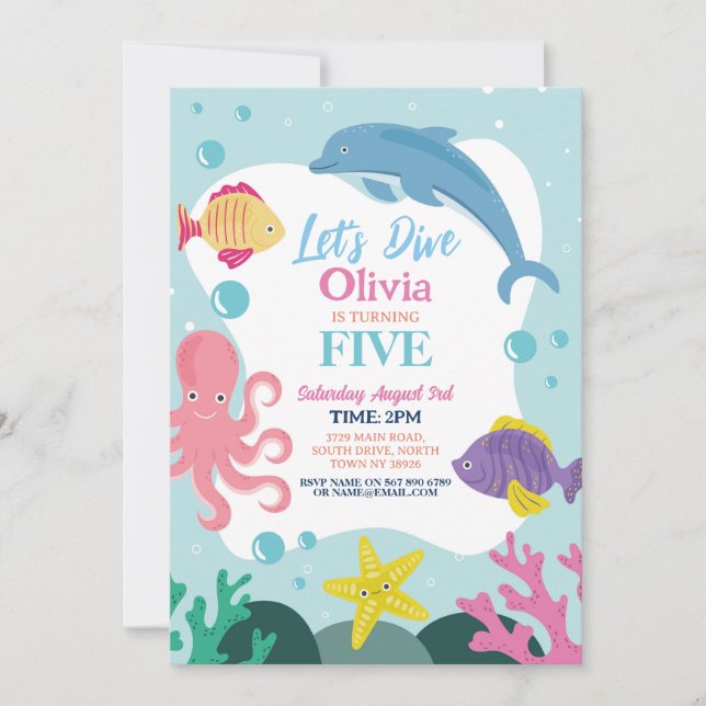 Girls Let's Dive Five 5. Ocean Pink Dolphin Sea Einladung (Vorderseite)