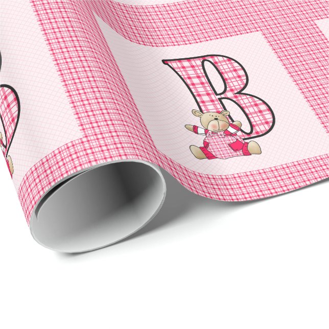 Girls Letter 'B' mit Teddy Bear und Pink Gingham Geschenkpapier (Rolleneckpunkt)