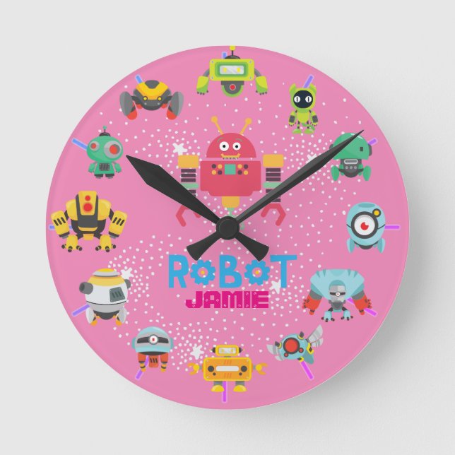 Girls Liebe ROBOTS Pink Funny Cartoon Runde Wanduhr (Vorderseite)