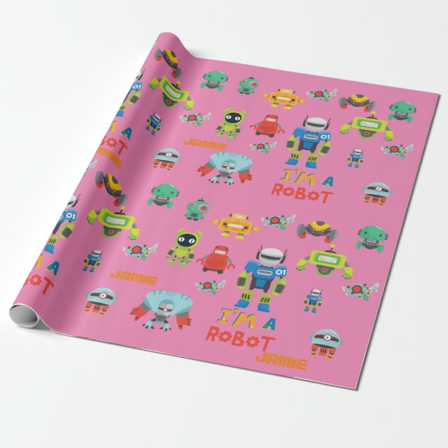 Girls Liebe Robots Rosa Niedlicher Cartoon Geschenkpapier (Ungerollt)