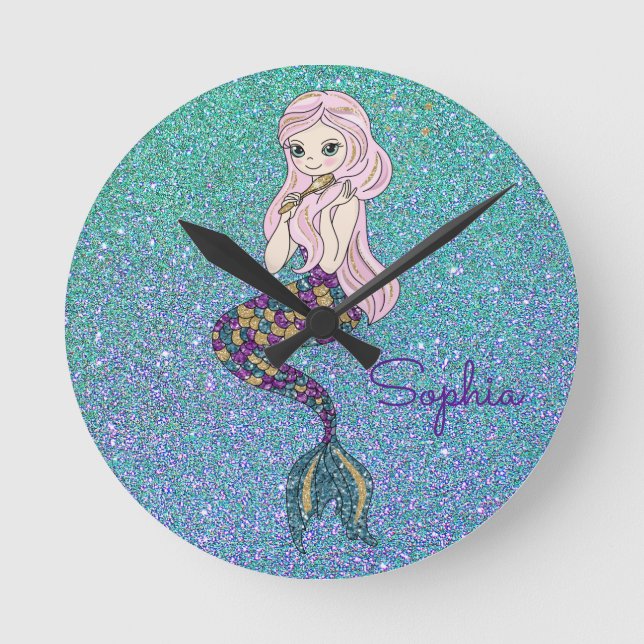 Girls Lila Glitzer Mermaid Wall Clock Runde Wanduhr (Vorderseite)