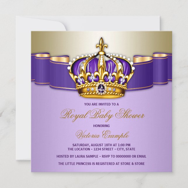 Girls Lila Gold Royal Baby Dusche Einladung (Vorderseite)