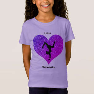 Girls Lila I Liebe Gymnastik Glitzer Herzstück T-Shirt