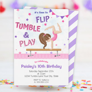 Girls Lila Tumbling Gymnastik Geburtstagsparty Einladung