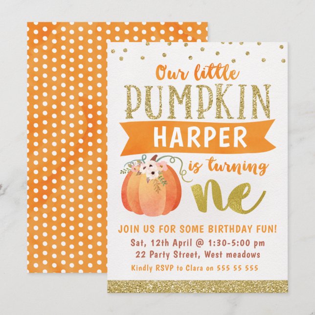 Girls Little Pumpkin 1. Geburtstag Einladung (Vorne/Hinten)