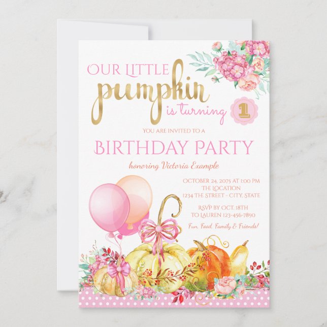 Girls Little Pumpkin Erstgeburtstag Einladungen (Vorderseite)