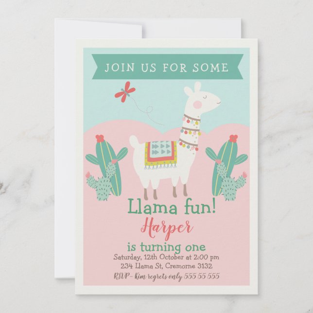 Girls Llama Cactus Birthday Einladung (Vorderseite)