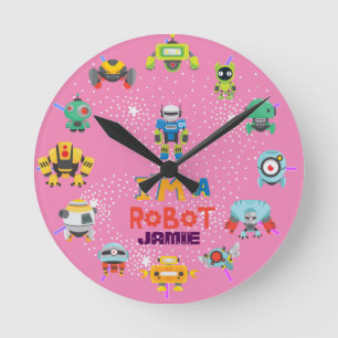 Girls Love Robots Pink Cute Cartoon Named Runde Wanduhr