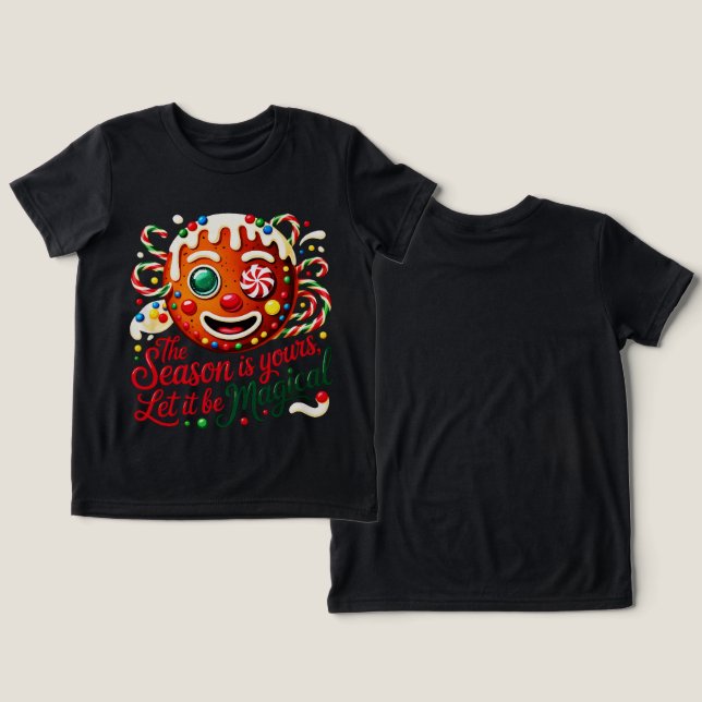 Girls' Magical Gingerbread Cookie Candy Christmas Tri-Blend Shirt (Design Vorderseite & Rückseite)