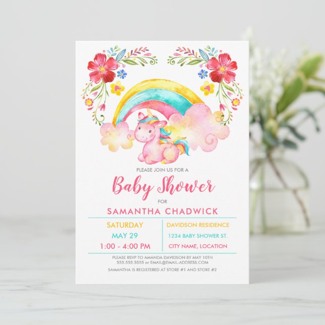 Girls Magical Unicorn Kinderdusche Einladung (Stehend Vorderseite)